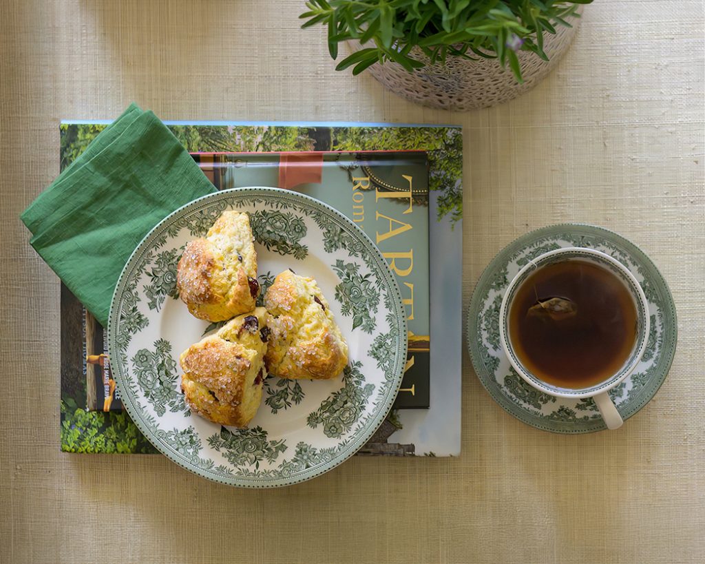 Flat lay food photography of blueberry scones and tea for Oklahoma City branding and small business marketing