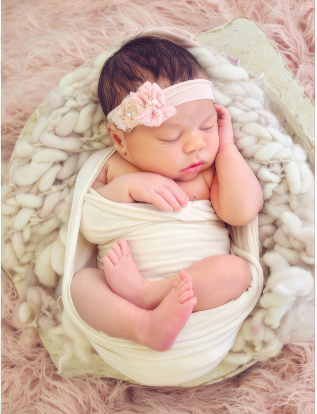 A sleeping newborn wrapped in a soft, white blanket lies on a fluffy pink rug. The baby wears a pink headband with a flower,
