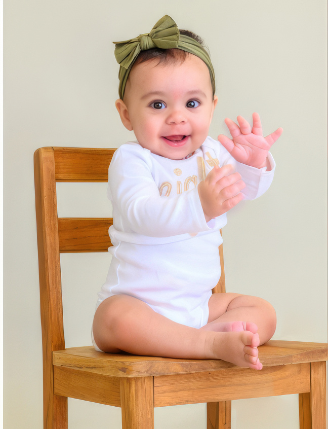 A cheerful baby wearing a white outfit with the word eight and green headband sits on a wooden chair. The baby is smiling and raising a hand, conveying joy.
