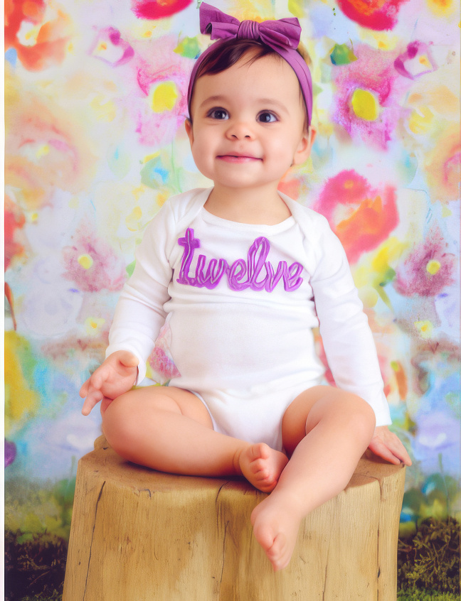 A smiling baby wearing a white onesie with "twelve" in purple sits on a wooden stump. The background is a colorful floral pattern