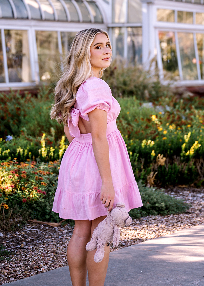 High school senior in a pink dress stands outdoors, holding a stuffed toy. She gazes over her shoulder with a soft smile. A greenhouse and garden surround her.