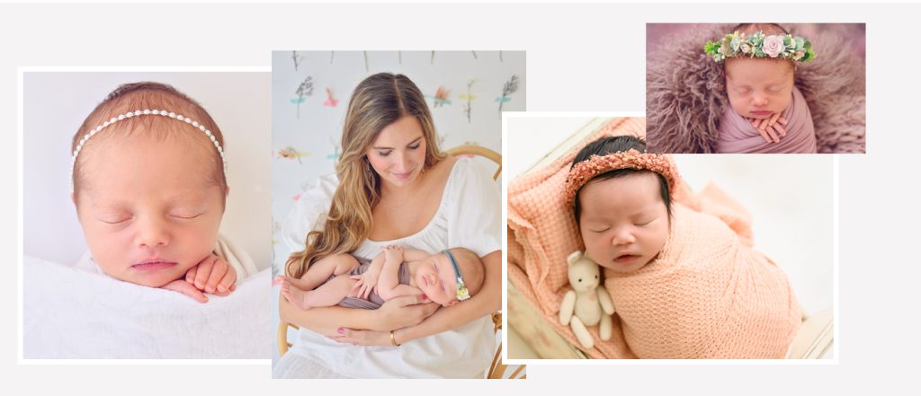 Collage of serene newborns: babies with floral headbands and blankets. One sleeping in a mother’s arms, conveying warmth and tenderness.