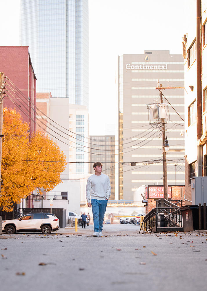 Outdoor snior photos in Bricktown in Oklahoma City.