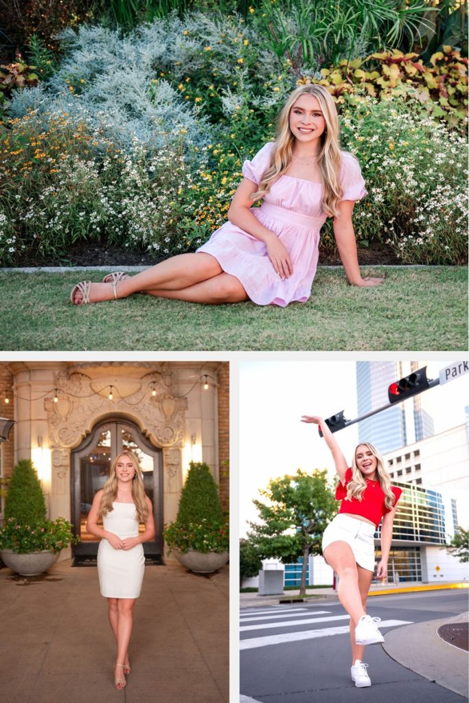 High school senior girl with multiple outfits and locations during Oklahoma City senior portrait session collage